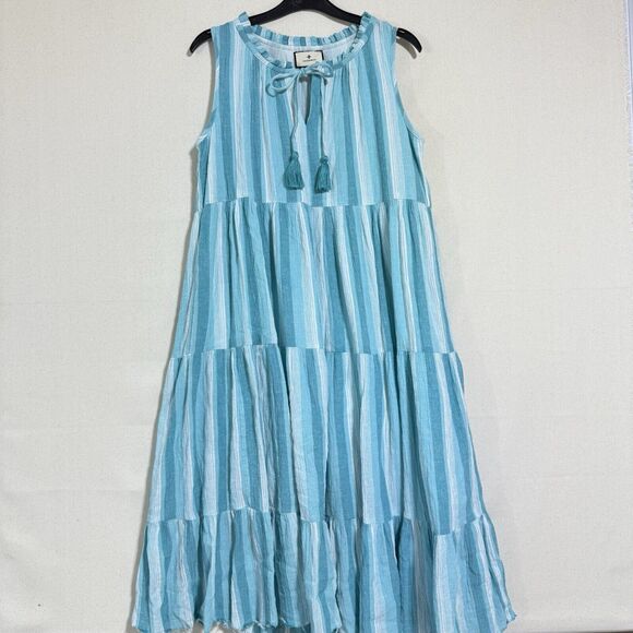 Tuckernuck Aquamarine Stripe Salty Paloma Caftan Midi Tiered Dress Size XS - Picture 1 of 8